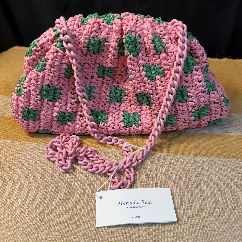 NWT Maria La Rosa Game Crochet Rafia Clutch